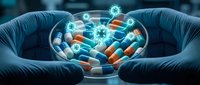 Scientist in latex gloves holding petri dish with colorful pharmaceutical capsules and virus molecules, representing drug development, medical research, and antibiotic innovation.