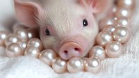 Young piglet with pink snout surrounded by pearl beads on white fabric, representing luxury, wealth, and prosperity concepts for design and marketing.