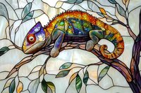 Colorful chameleon on tree branch with stained glass mosaic effect, featuring vibrant rainbow scales and detailed patterns against nature-inspired background.