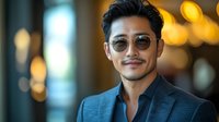 Confident Asian businessman in stylish suit and sunglasses smiling at camera with warm bokeh lights background for corporate and professional marketing materials.
