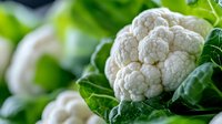 Fresh white cauliflower head with green leaves in soft focus, macro view. Natural organic vegetable showing detailed texture and patterns in garden lighting.