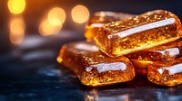 Glowing amber hard candy pieces stacked against dark background with golden bokeh lights, showcasing translucent crystalline texture and warm honey tones.