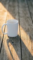 White ceramic coffee mug on rustic wooden deck with warm sunlight and shadow creating cozy morning atmosphere for beverage branding and lifestyle concepts.