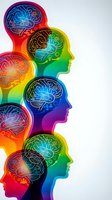 Colorful human head silhouettes with glowing brain illustrations representing mental health, psychology, neuroscience, creativity and cognitive diversity concepts.