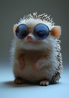 Adorable hedgehog wearing round blue sunglasses sits on blue surface against dark background, spiky fur and tiny paws visible in stylized character design.