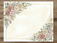 Vintage floral frame with roses, peonies and greenery in soft pink, cream and mauve tones on aged paper background for invitations and stationery.