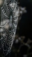 Spider web covered in morning dew drops creating intricate patterns with water beads on silky threads against dark blurred background in natural outdoor setting.