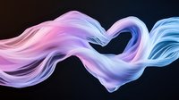 Flowing abstract heart shape formed by ethereal pink and blue smoke waves against dark background, creating romantic and dreamy atmosphere.