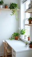 Bright workspace with potted plants on wooden shelves and desk near window, featuring trailing ivy and green foliage for home office or botanical interior design.