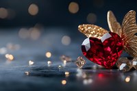 Red crystal heart with golden butterfly wings on dark surface with warm bokeh lights creating romantic Valentine's Day atmosphere for greeting cards.