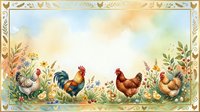Watercolor farm scene with rooster, hens, and chicks among wildflowers, framed by a golden border with copy space for text.