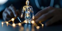Glowing anatomical model of human skeleton on dark background with bokeh lights, medical education concept for anatomy and healthcare studies.