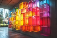 Vibrant multicolored translucent cubes arranged in geometric pattern on wall create stunning rainbow light installation in modern interior space. Artistic display glows with warm hues.