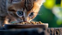 Adorable tabby kitten with blue eyes eating dry food from wooden bowl outdoors. Young domestic cat feeding time with natural bokeh background.