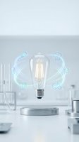 Vintage Edison bulb floating above modern laboratory equipment with glowing culinary icons representing food science innovation and cooking technology.
