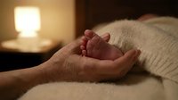 Adult hands gently holding newborn baby feet in warm bedroom setting with soft lamp lighting creating intimate parenting moment.