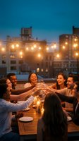Diverse group of friends toasting with wine glasses at rooftop dinner party under string lights at twilight with urban skyline background.