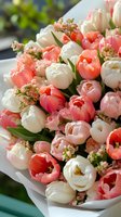 Fresh coral pink and white tulip bouquet with delicate spring blossoms wrapped in paper, featuring soft natural lighting and romantic floral arrangement.