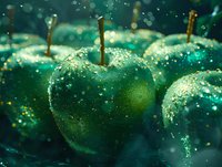 Fresh green apples covered in water droplets and sparkles against dark background, creating magical atmosphere with bokeh effect and natural lighting.