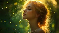 Young woman with blonde hair in golden sunlight with bokeh effect and glowing particles, side profile against green nature background, dreamy atmospheric portrait.