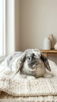 Adorable gray and white lop-eared rabbit sitting on cream knit blanket near bright window with minimalist home decor, suitable for pet care and lifestyle content.