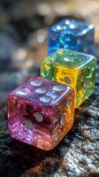 Colorful translucent dice stacked on wooden surface with bokeh lights creating magical gaming atmosphere for tabletop entertainment and casino concepts.