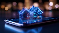 Glowing blue holographic houses emerging from smartphone screen with bokeh background, representing digital real estate and smart home technology concept.