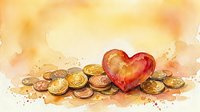 Watercolor heart with golden coins on warm background for love and money concept, financial romance, wealth affection themes, Valentine's Day designs.