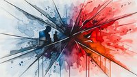 Abstract watercolor explosion with dynamic lines radiating from center in blue and red tones. Modern artistic design for creative projects and backgrounds.