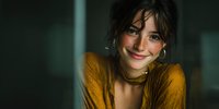 Young brunette woman smiling warmly in cozy yellow sweater with natural lighting creating intimate atmosphere for lifestyle and portrait photography.