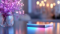 Glowing smart device on reflective surface with pink cherry blossoms in glass vase and soft bokeh lights creating cozy evening atmosphere. Perfect for tech and lifestyle designs.
