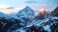 Snowy mountain peaks with digital network connections and glowing particles against dramatic sunset sky, combining nature and technology for business concepts.