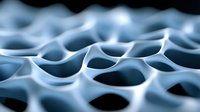 Macro view of honeycomb-like cellular structure in cool blue tones showing geometric pattern with curved edges and shadows. Abstract background for science and technology.
