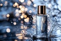 Luxury perfume bottle with dynamic water splash against blurred bokeh background. Elegant fragrance packaging with metallic cap and crystal clear glass.