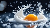 Egg yolk splashing into milk creating dynamic white splash with droplets against dark background. Fresh dairy and protein concept for cooking and nutrition.