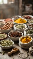 Colorful aromatic spices and herbs in rustic bowls and burlap sacks on wooden table. Traditional cooking ingredients including turmeric, cinnamon, star anise for culinary use.