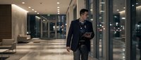 Young professional businessman walking through modern office lobby at night holding smartphone checking messages in corporate building interior.