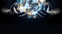 Hands protecting glowing digital network sphere with connected lines representing global connectivity, technology innovation and data protection concepts.