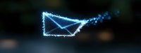 Glowing digital envelope icon made of blue light particles and sparkles floating on dark background, modern communication concept for email marketing design.