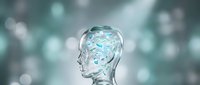 Transparent glass human head silhouette filled with glowing digital network connections and data streams against soft bokeh background for tech concepts.