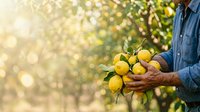 Worker holding fresh yellow lemons harvested from orchard tree, agricultural produce picking and farming concept for food industry and harvest season.