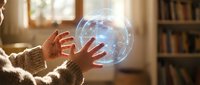 Person holding glowing transparent sphere with digital network connections in cozy library setting with warm sunlight and bookshelves background.