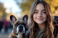 Young woman with long brown hair smiling outdoors with French bulldog companion during golden hour autumn day creating warm lifestyle portrait.
