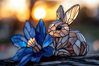 Stained glass rabbit figurine with blue flower against golden sunset bokeh background, artistic home decor on wooden surface.