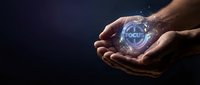 Male hands holding glowing digital globe with focus text, representing global connectivity, technology innovation, and worldwide business solutions for corporate presentations.