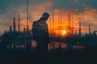 Silhouette of male industrial worker against dramatic sunset sky with oil refinery and chemical plant towers creating atmospheric industrial landscape.