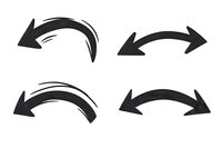 Black curved arrows pointing left and right with grunge brush stroke style on white isolated background, ready for graphic design projects.