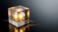 Illuminated golden spheres encased in transparent cube with warm light emission on dark background, suitable for modern design, technology concepts, and contemporary interior visualization.