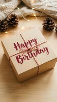 Kraft gift box with Happy Birthday lettering, tied with red twine, pine cones and warm fairy lights on wooden background.