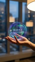 Hands holding glowing sphere with silence awareness text in modern office setting with bokeh lights and evening cityscape background for mindfulness concepts.